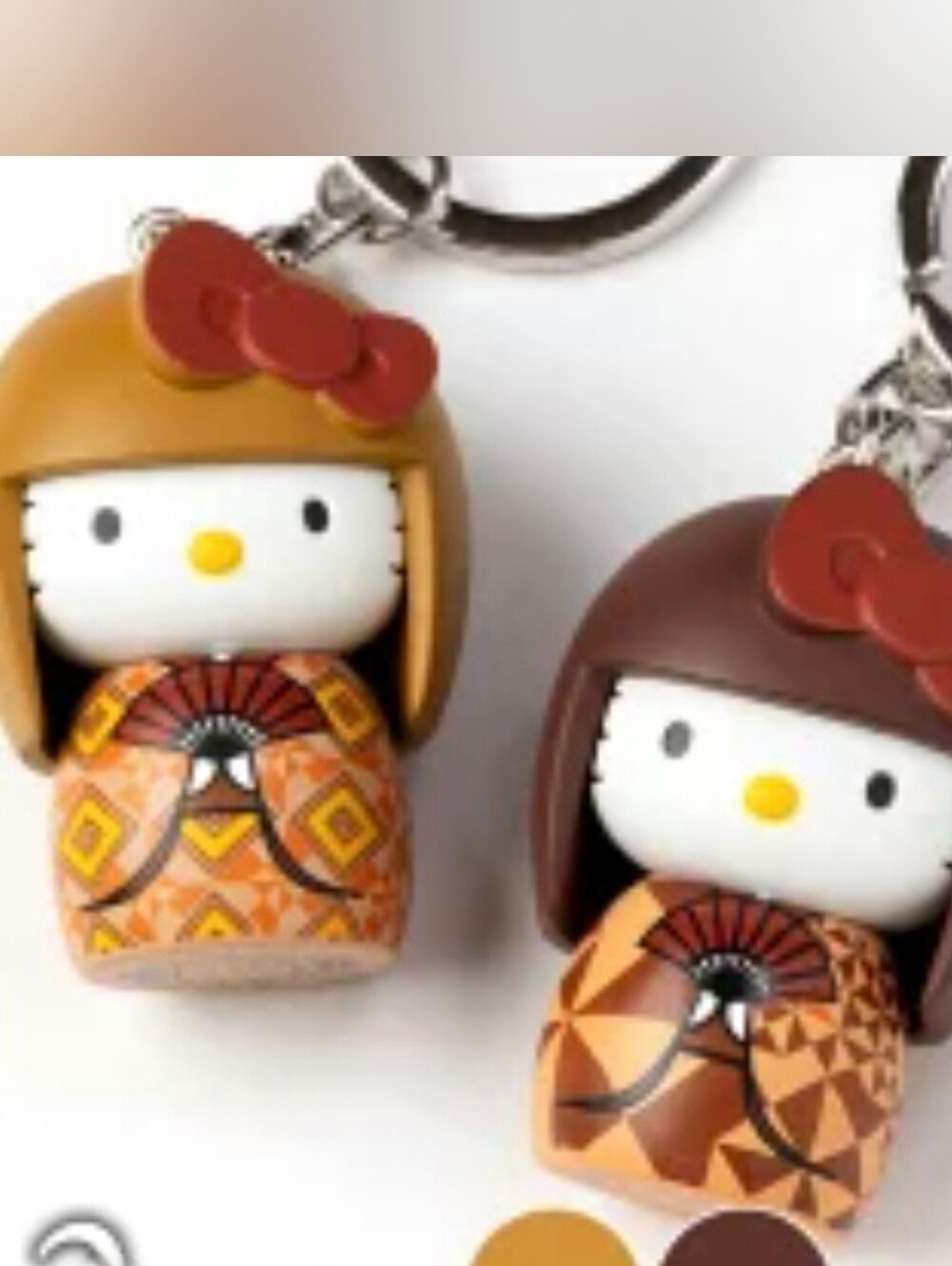 Hello Kitty Kokeshi Keychain 1.8" Hakone Yosegi Zaiku Light Brown Sanrio Japan